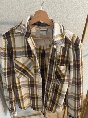 Plaid Button-Up Shirt Jacket in Cream, Olive & Burgundy